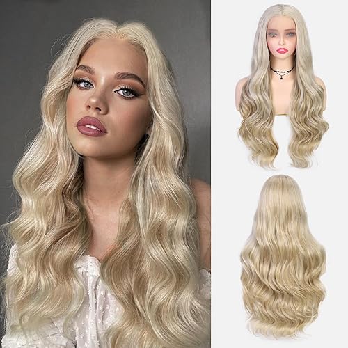 HANNE Peluca rubia ondulada con encaje frontal de 28 pulgadas, 13 x 3 pulgadas, peluca de encaje frontal de mezcla de rubio mixto, 180% de densidad,
