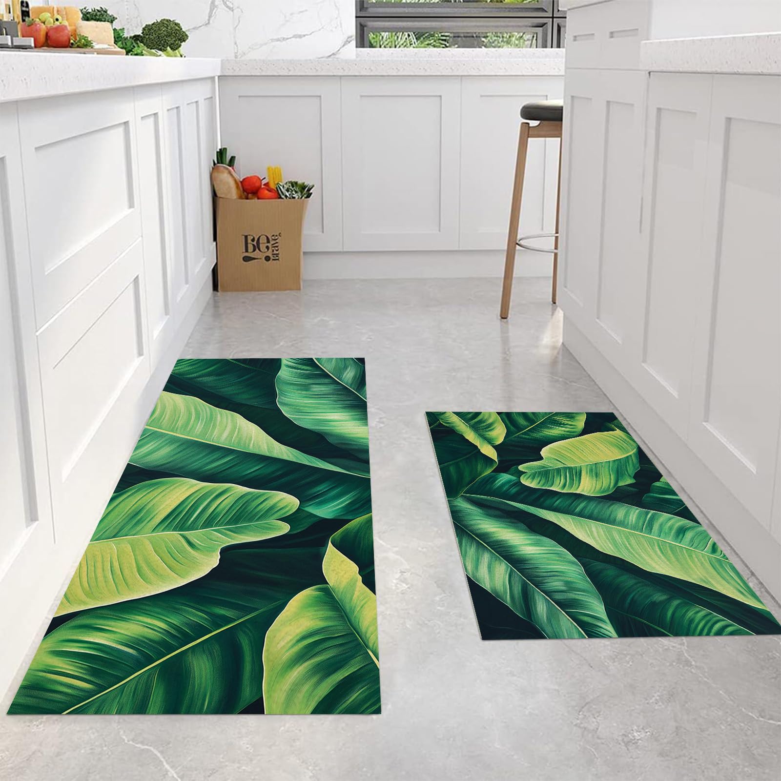 Tapis de cuisine feuilles vertes anti-dérapant lavable confort devant évier du duo de tapis
