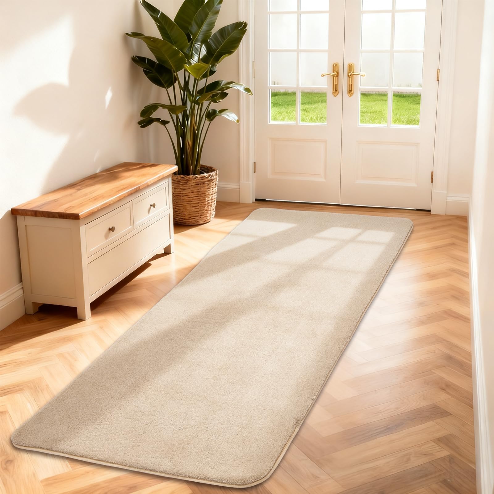 Puremy Tapis Couloir Long Uni 80x300cm, Ultra Doux à Poils Courts, Dessous Antidérapant et Lavable, Moderne et Durable, Confortable pour Entrée Interieur, Passage, Salon, Décoratif, Beige