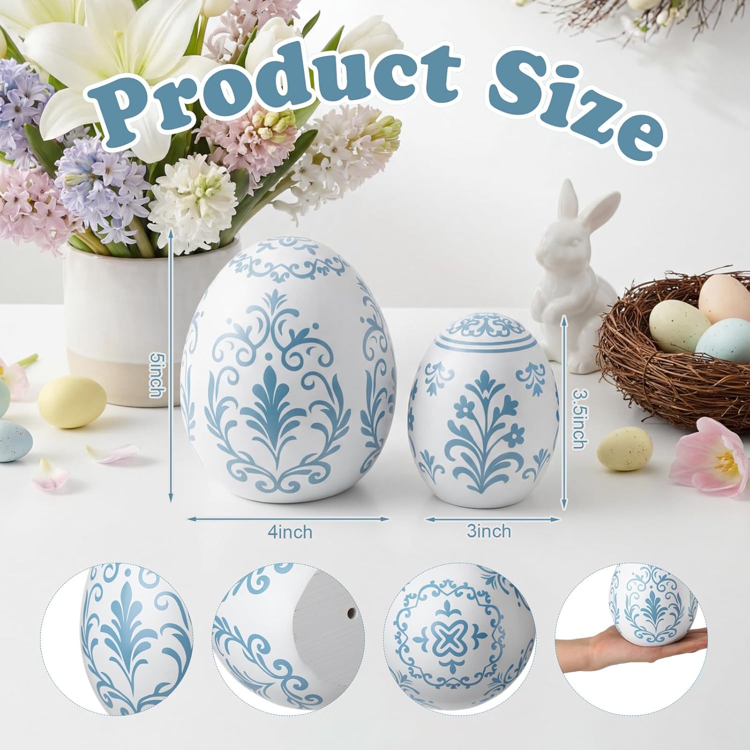 Bucherry 2 Pcs Large Easter Ceramic Egg 5 Inch, 3.5 Inch Blue and White Chinoiserie Ceramic Egg Figurine Rustic Large Eggs Table Centerpiece for Easter Spring Farmhouse Home Tabletop Decor