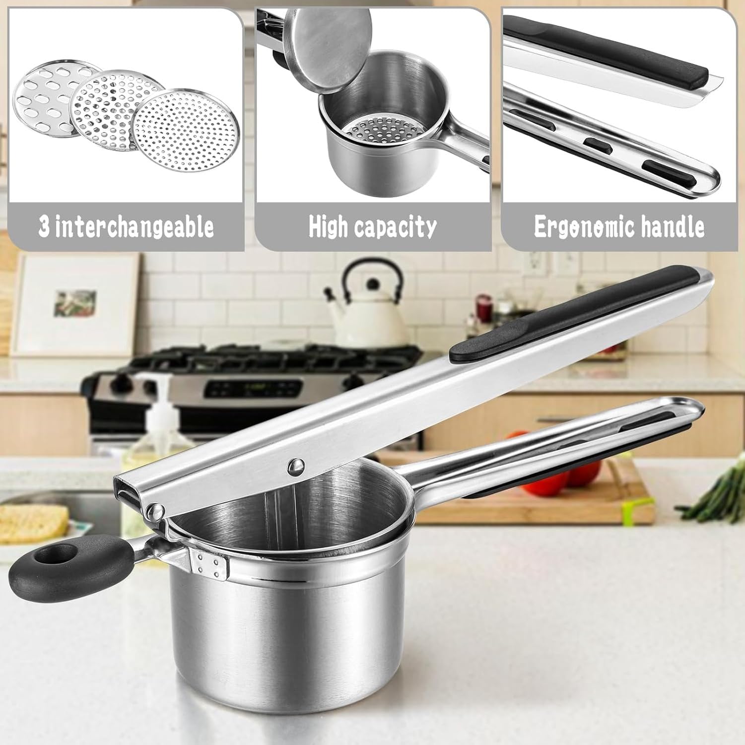 Großer Kartoffelstampfer aus rostfreiem Edelstahl mit 3 auswechselbaren Scheiben, und vielseitiges Kartoffelpüree Nudel Werkzeug, Knödelmaschine, Mutterküchenpr