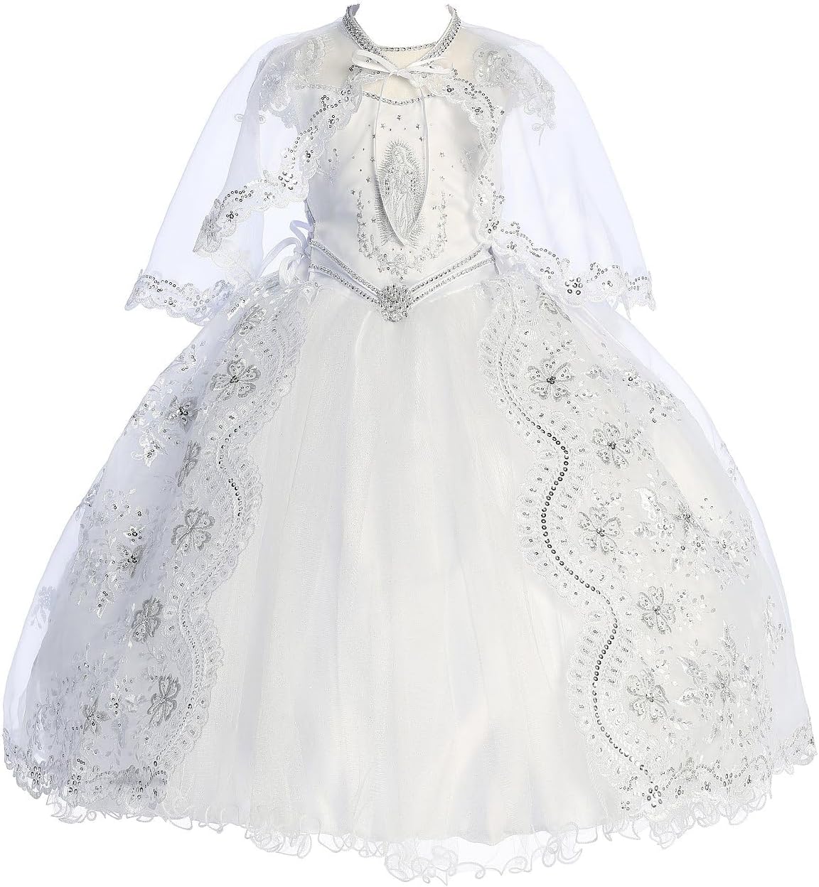 BluNight Collection Virgin Mary Embroidery Off Shoulder Baby Infant Girl Baptism Christening Dress