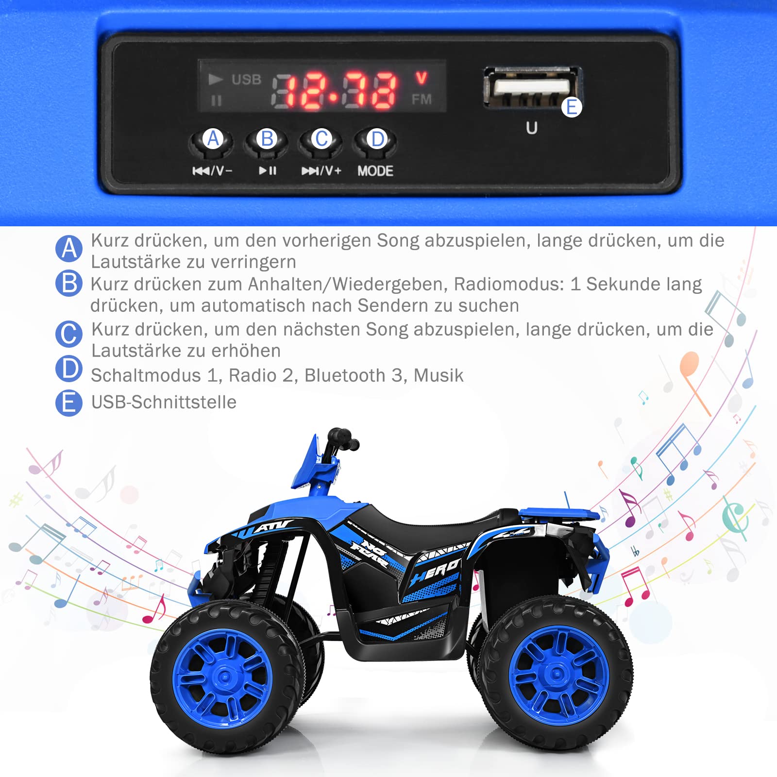 GOPLUS 12V Kinder Elektroquad, Batteriebetriebenes Auto mit LED-Scheinwerfern, Musik, Hupe, USB, Bluetooth, Radio, Langsamer Start, Hohe/Niedrige Geschwindigkeit, Quad Motorrad (Blau)