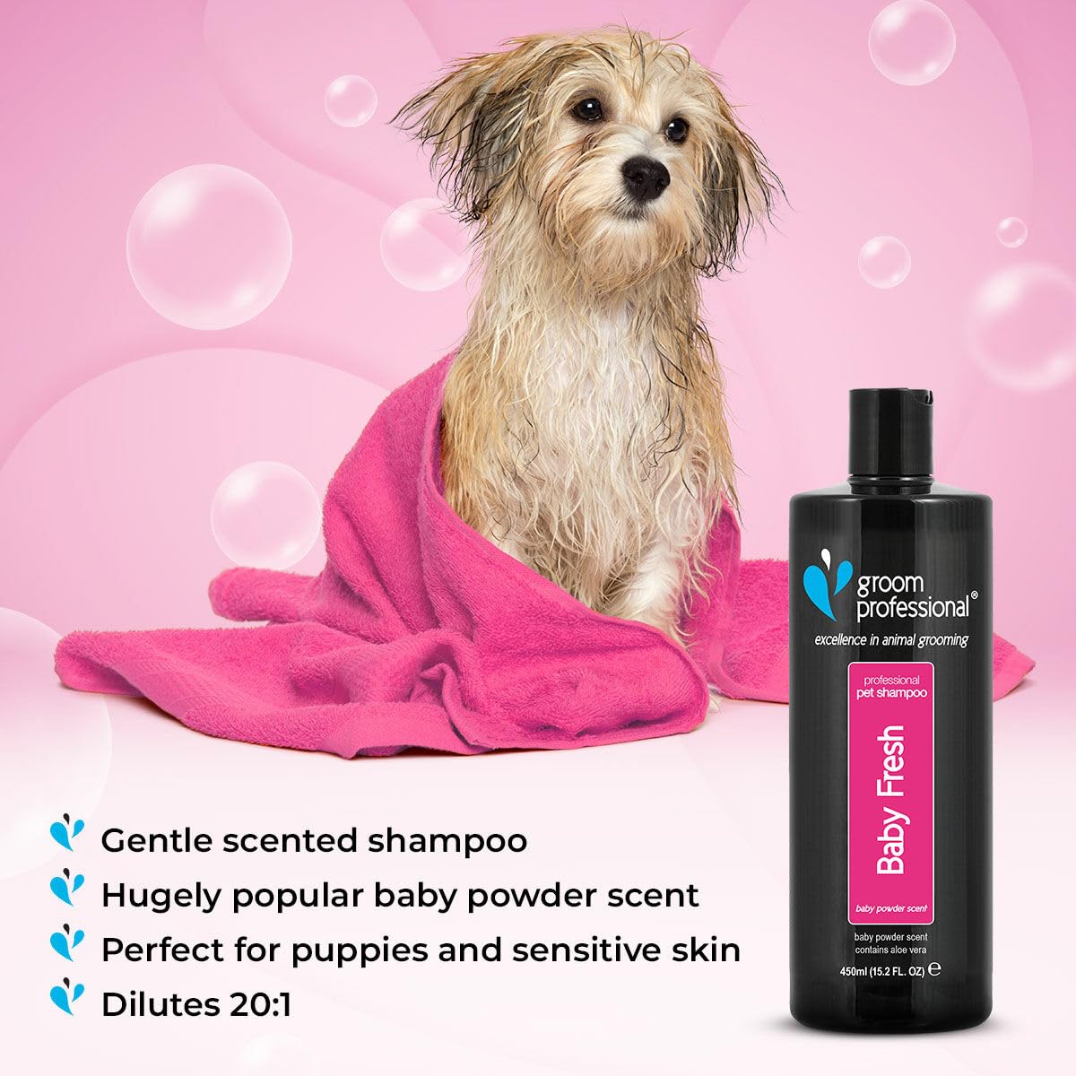 Groom Professional Champú para perros Baby Fresh (4 L) – Salón concentrado 20: 1, con aloe vera, limpieza suave para cachorros o pieles sensibles, aroma fresco en polvo para bebés, producido en el