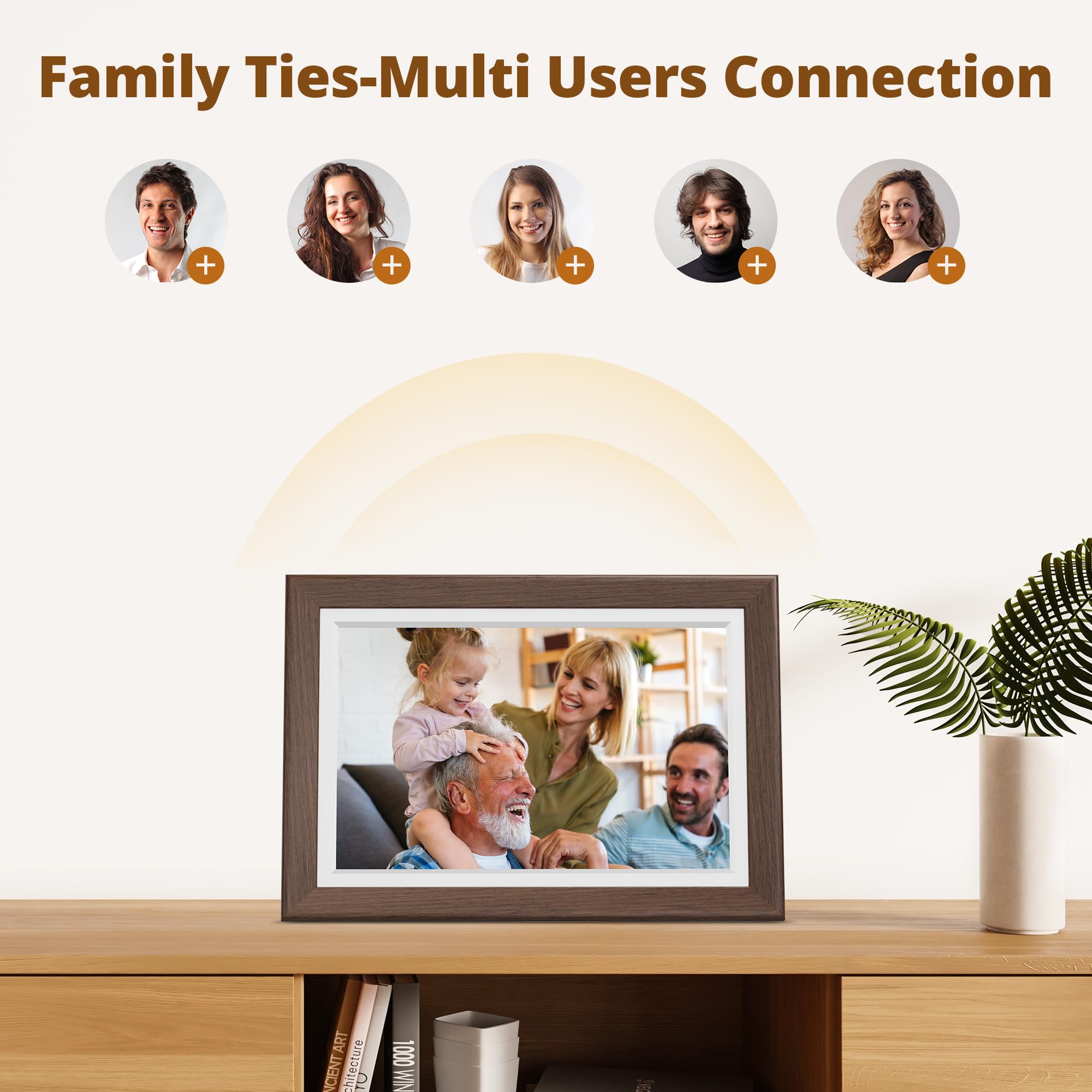 Dragon Touch 10.1'' WiFi Digitaler Bilderrahmen – HD IPS Touchscreen, Auto-Rotate, Sofortiges Teilen von Fotos/Videos, 32GB Speicher Familie und Freunde-Braun