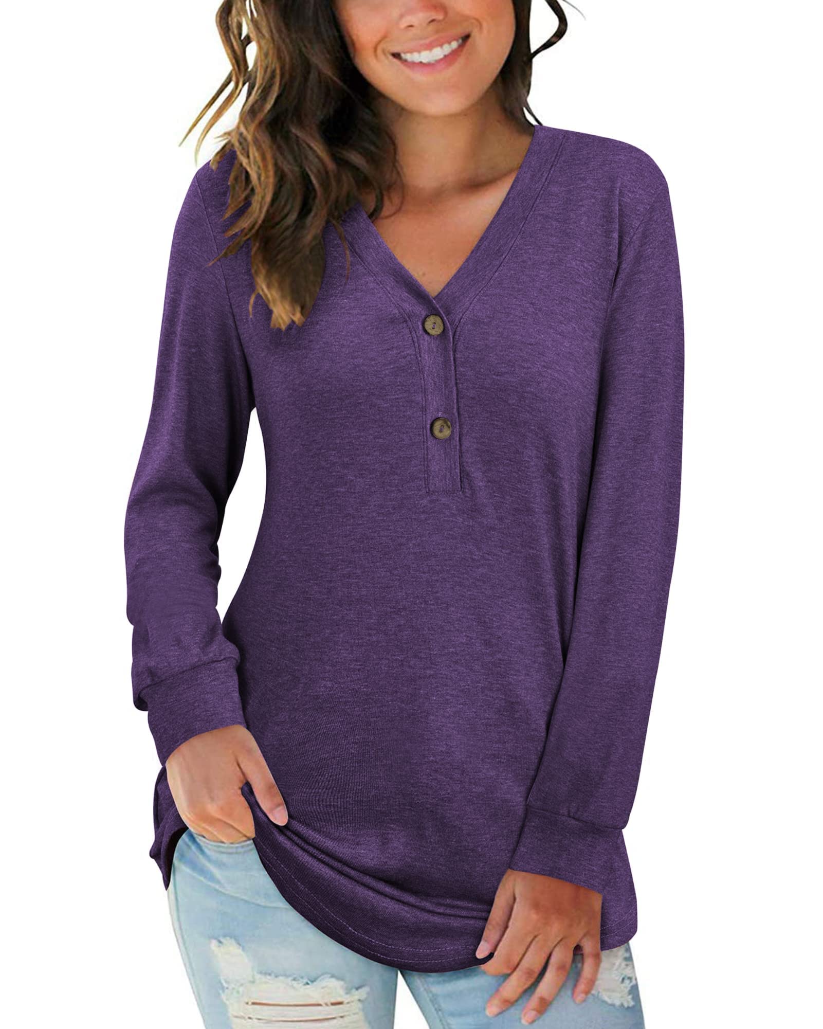 AUSELILY Damen Pullover Langarm V-Ausschnitt Knopf Tunika Oberteile Henley Blusen Kausales Lose T Shirts