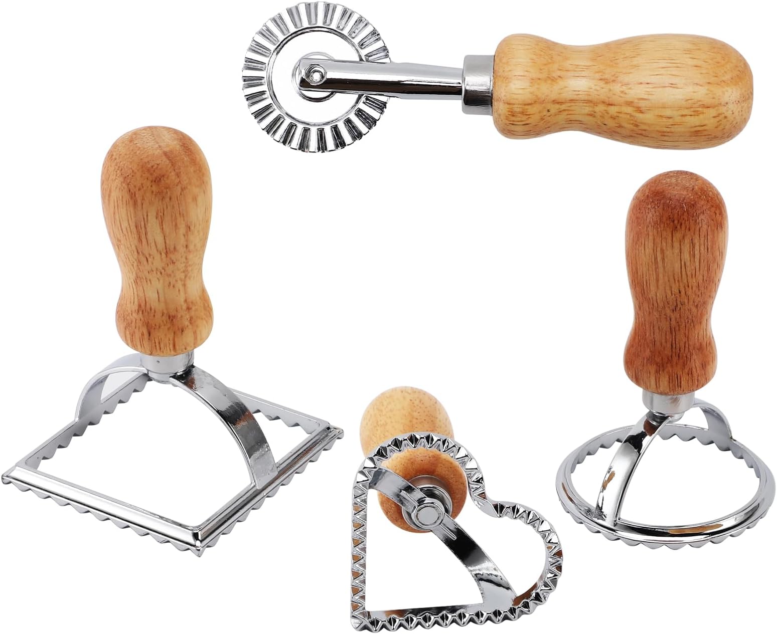 4 Pieces Ravioli Mold Set, Ravioli Maker Cutter with Roller Wheel, Ravioli Cutter Set with Wooden Handle, Pasta Making Tools, Raviolies Maker Press for Pasta, Dumplings, Biscuits, Desserts