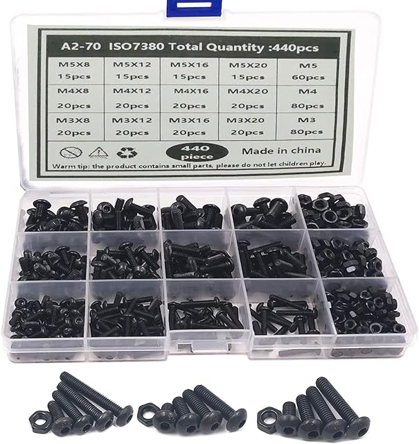 TAIANJI 440 Pcs Black Nuts and Bolts Assorted Set Rust-Proof Screws and Nuts Set M3 M4 M5 Bolts and Nuts Set Small Hex Bolts and Nuts Assortment Kit with Box, 12 Sizes
