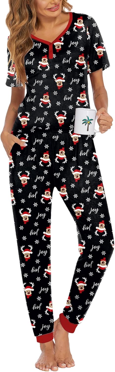 Ekouaer Pajamas for Women Set 2 Piece Lounge Set Short Sleeve Pjs Joggers Long Pants Sleepwear with Pockets