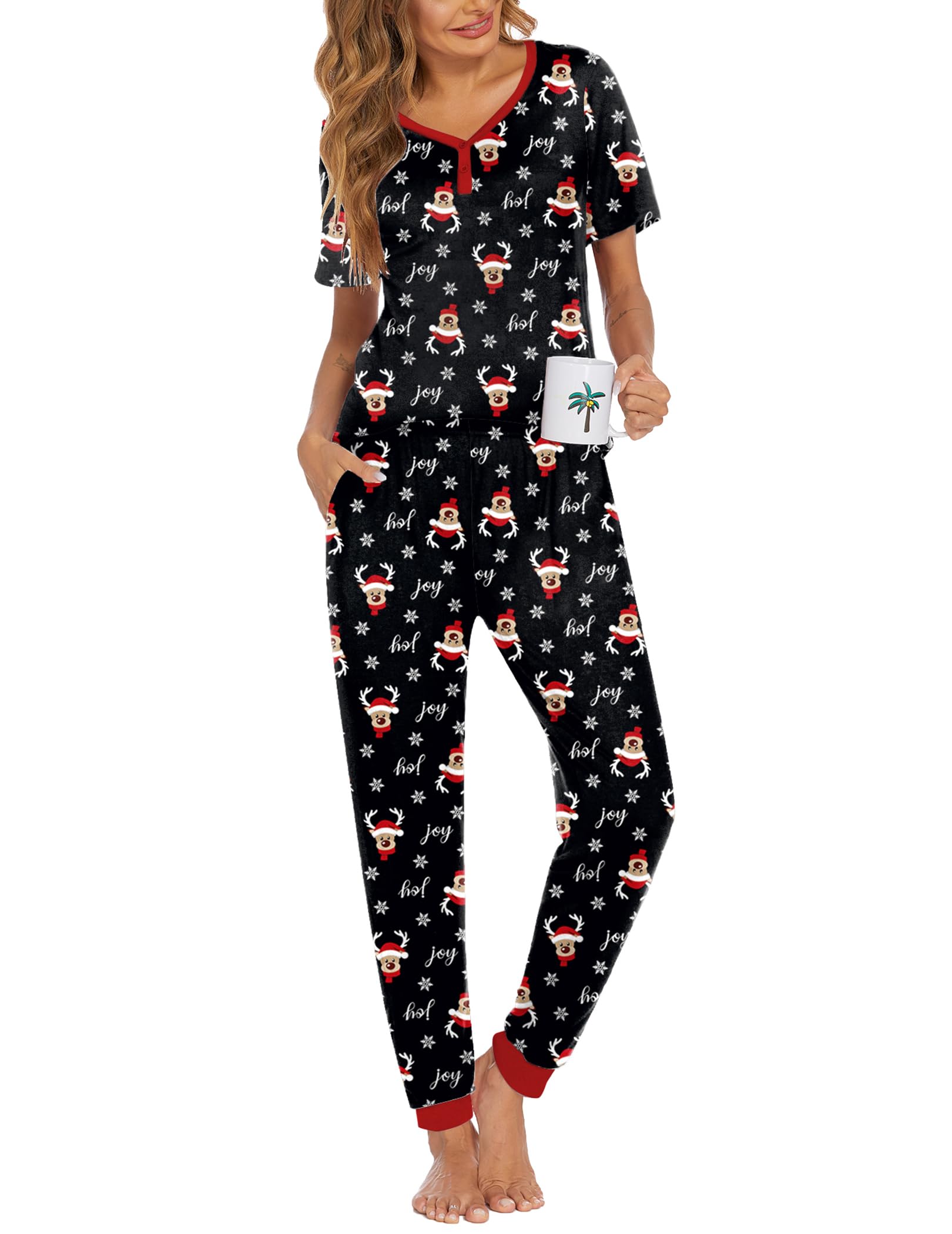 Ekouaer Pajamas for Women Set 2 Piece Short Sleeve Fall Pjs with Pockets