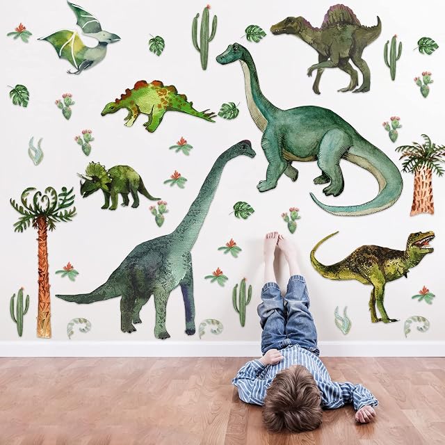 Watercolor Dinosaur Wall Decals, Peel and Stick Large Dino Animal Tropical Plant Wall Stickers Removable Roar Decal for Baby Boy Girl Kid Bedroom Nursery Classroom Living Playroom Home Room Decoration