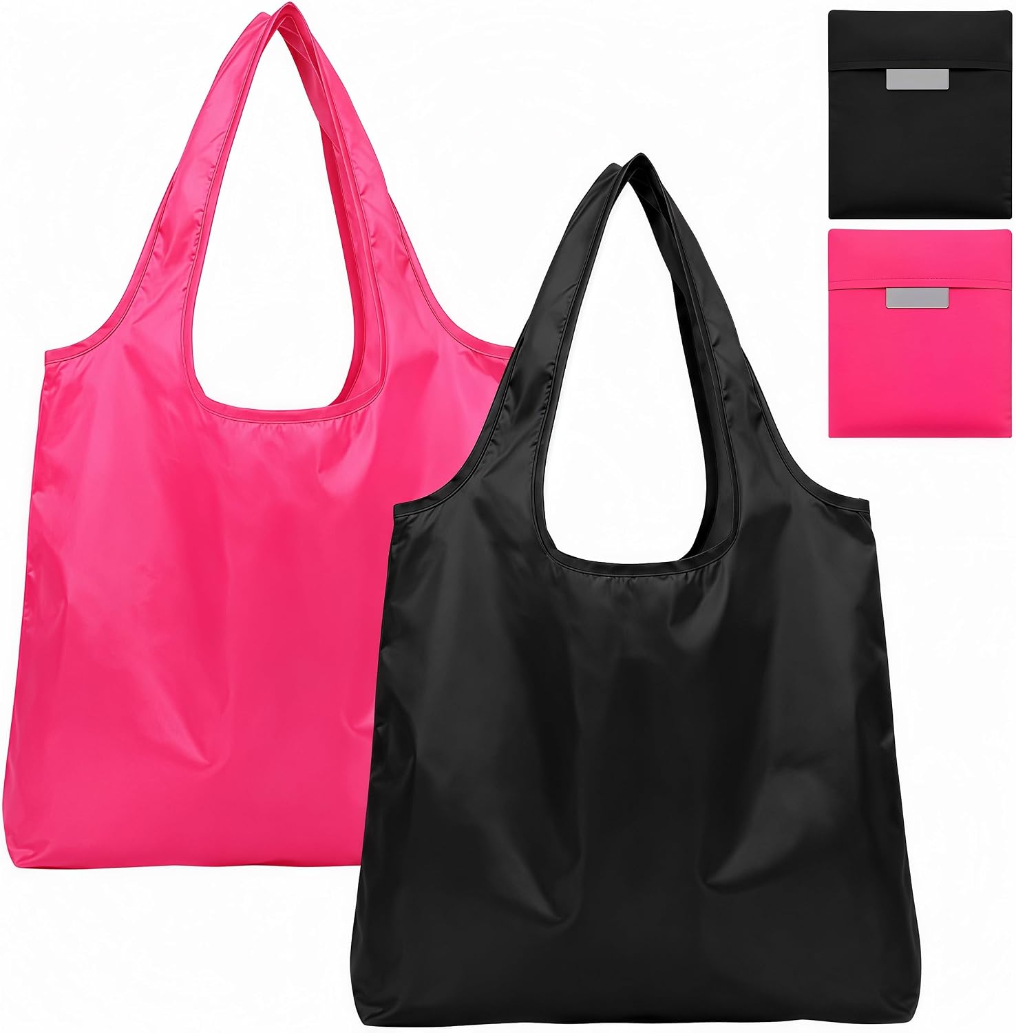 2 Pack Foldable Shopping Bag, Washable Reusable Grocery Bags with Holder in Pocket, Nylon Lightweight Tote Bags for Travel, Shopping, Daily Supplies (Pink & Black)
