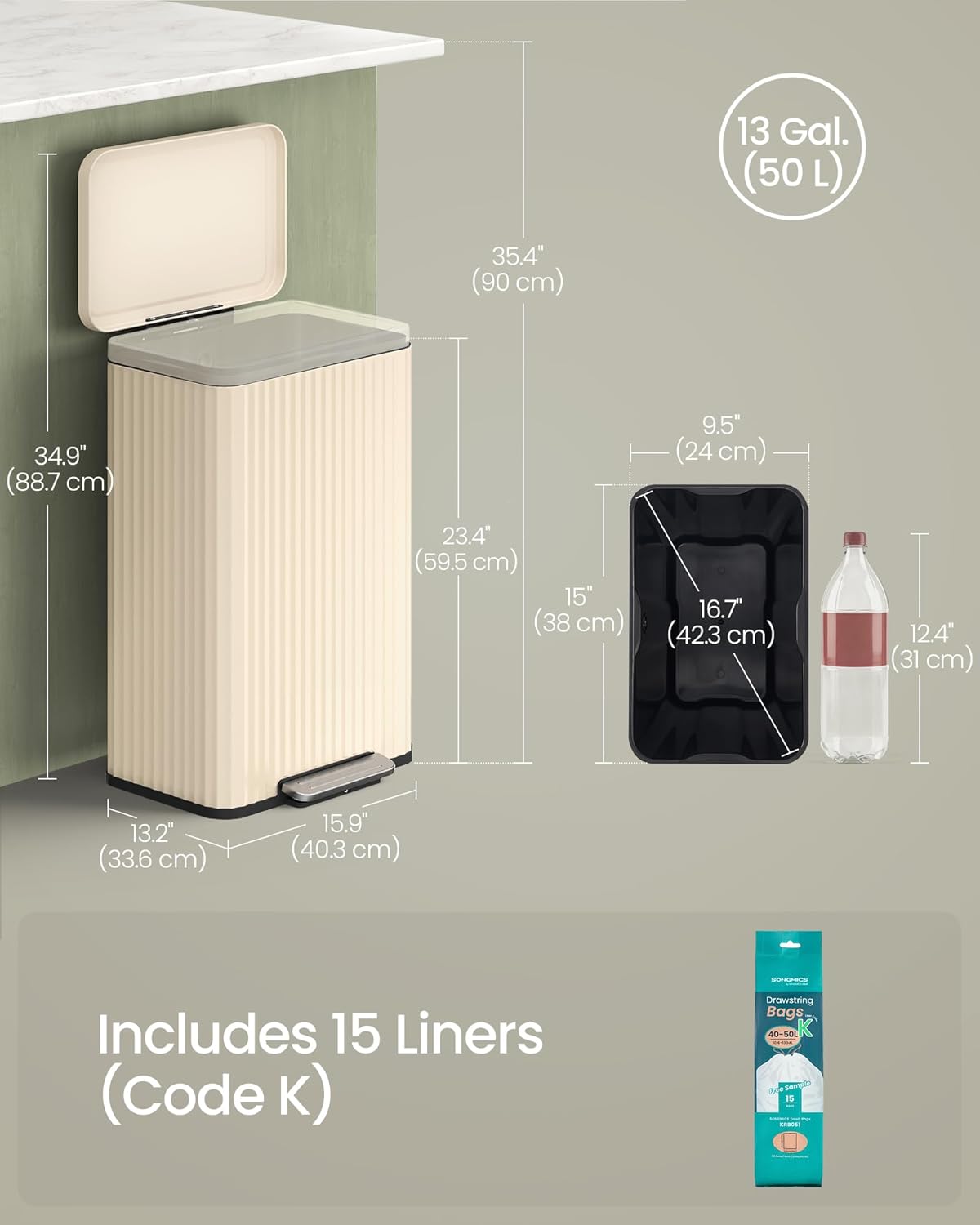SONGMICS Trash Can, 13 Gallon (50 L) Garbage Can for Kitchen, with Lid, Pedal, and Removable Inner Bucket, Soft Close, Stainless Steel, 15 Trash Bags (Code K) Included, Cream White ULTB586LZ01