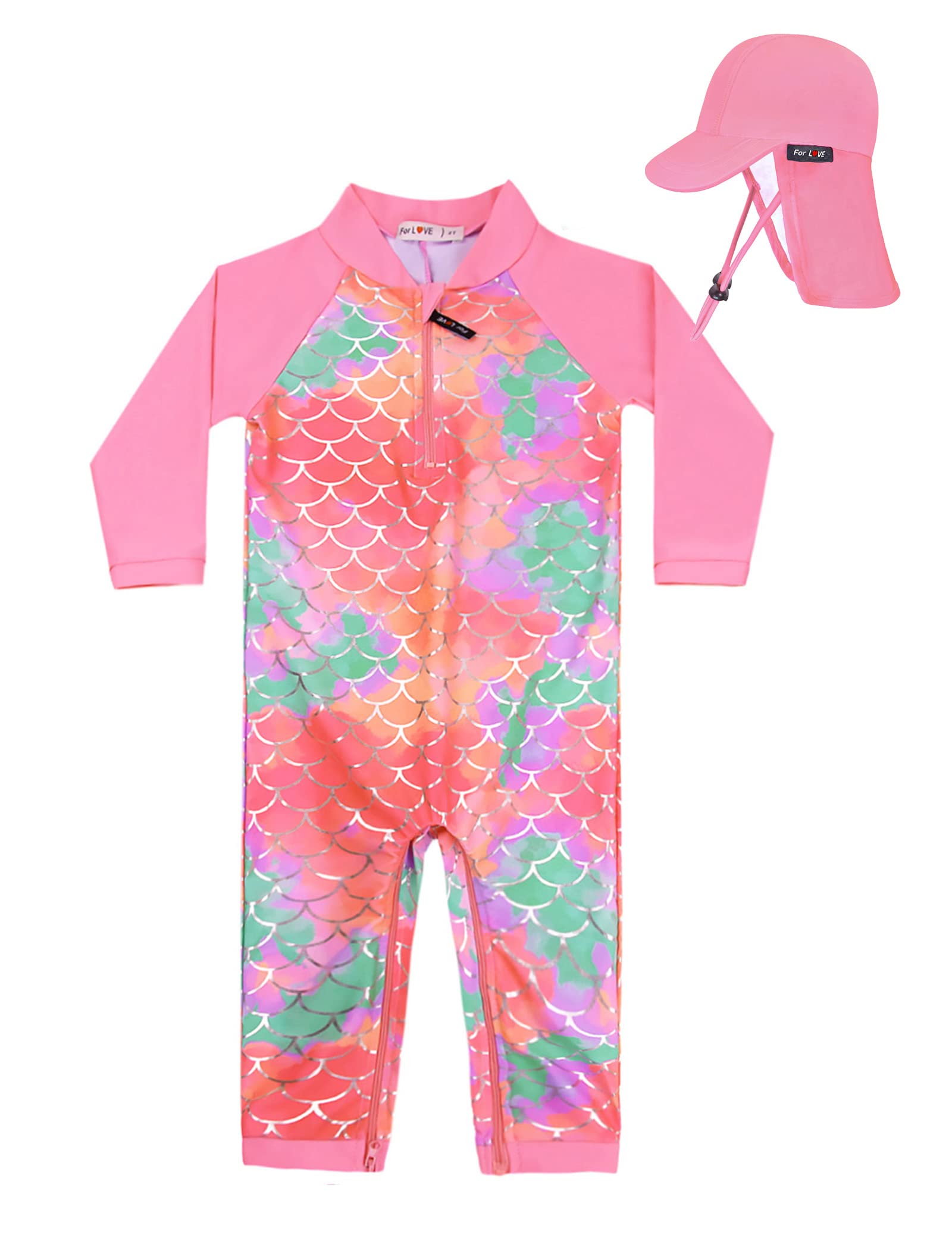 weVSwe Bañador Bebé Rash Guard UPF 50+ Protección UV Manga Larga Verano Sombrero para El Sol Rosa Escamas De Pescado 3 años