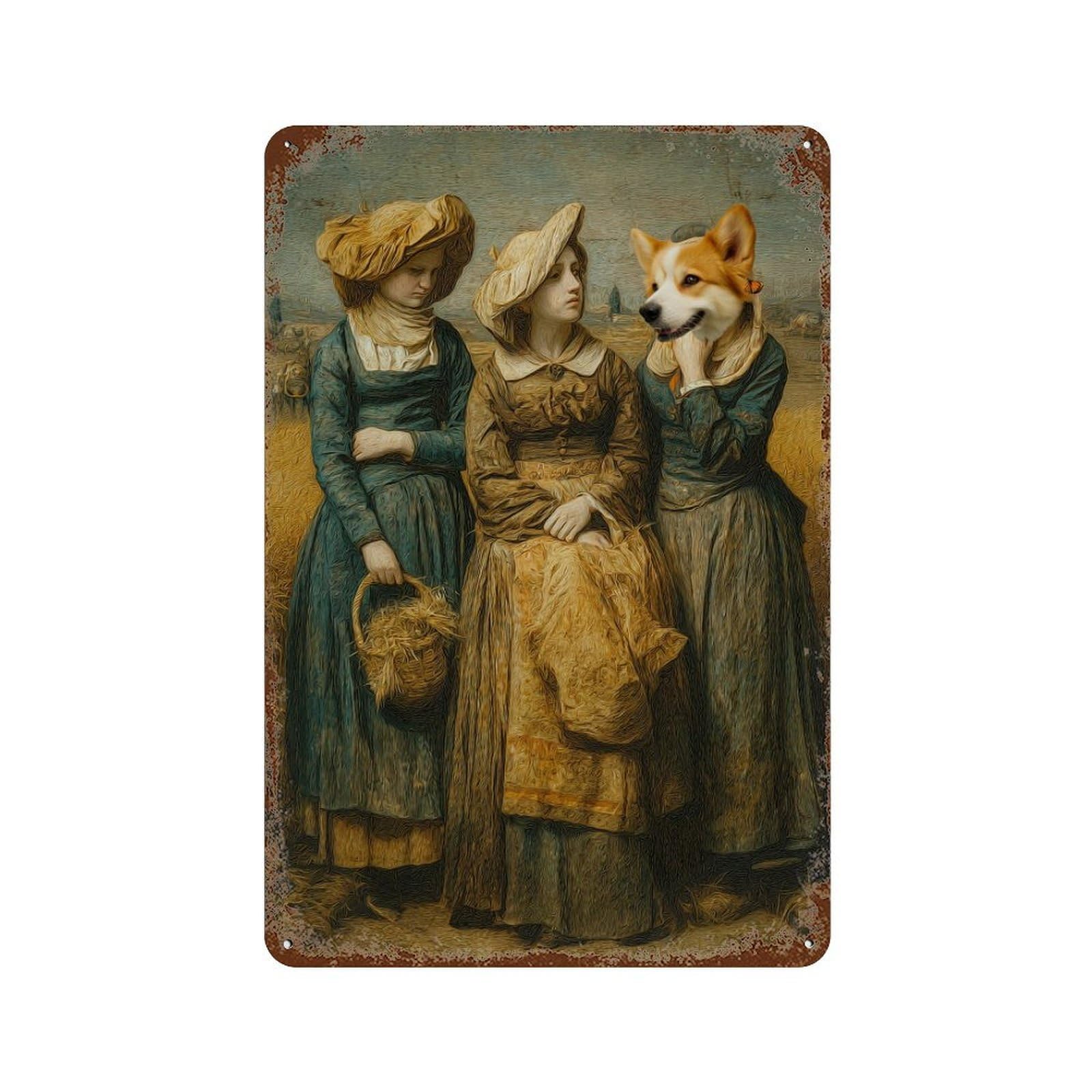 Vintage Women with Corgi 11.8"x7.9" Weathered Tin Sign, Rustic Home Decor for Living Room, Hallway And Home Decor