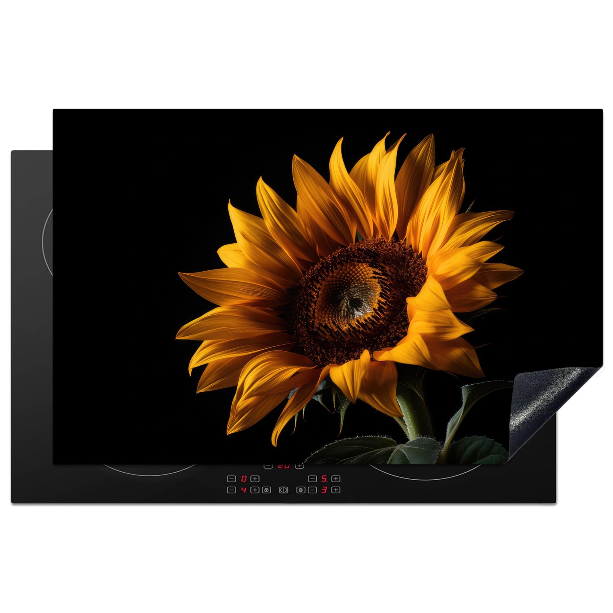 KitchenYeah© Induction Hob Protector Mat 20.8"x32.1" / 81.6x52.7 cm Cooker Top Protectors Cover Ceramic Covers Electric Hobs Vinyl Flowers - Botanical - Black - Sunflower