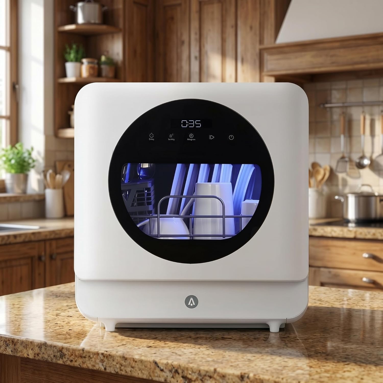 Portable Countertop Dishwasher with Hot Air Dry, Dual Fill, Mini Dishwasher for Apartments & RVs, 161℉ High-Temp, Glass Door & LED Light