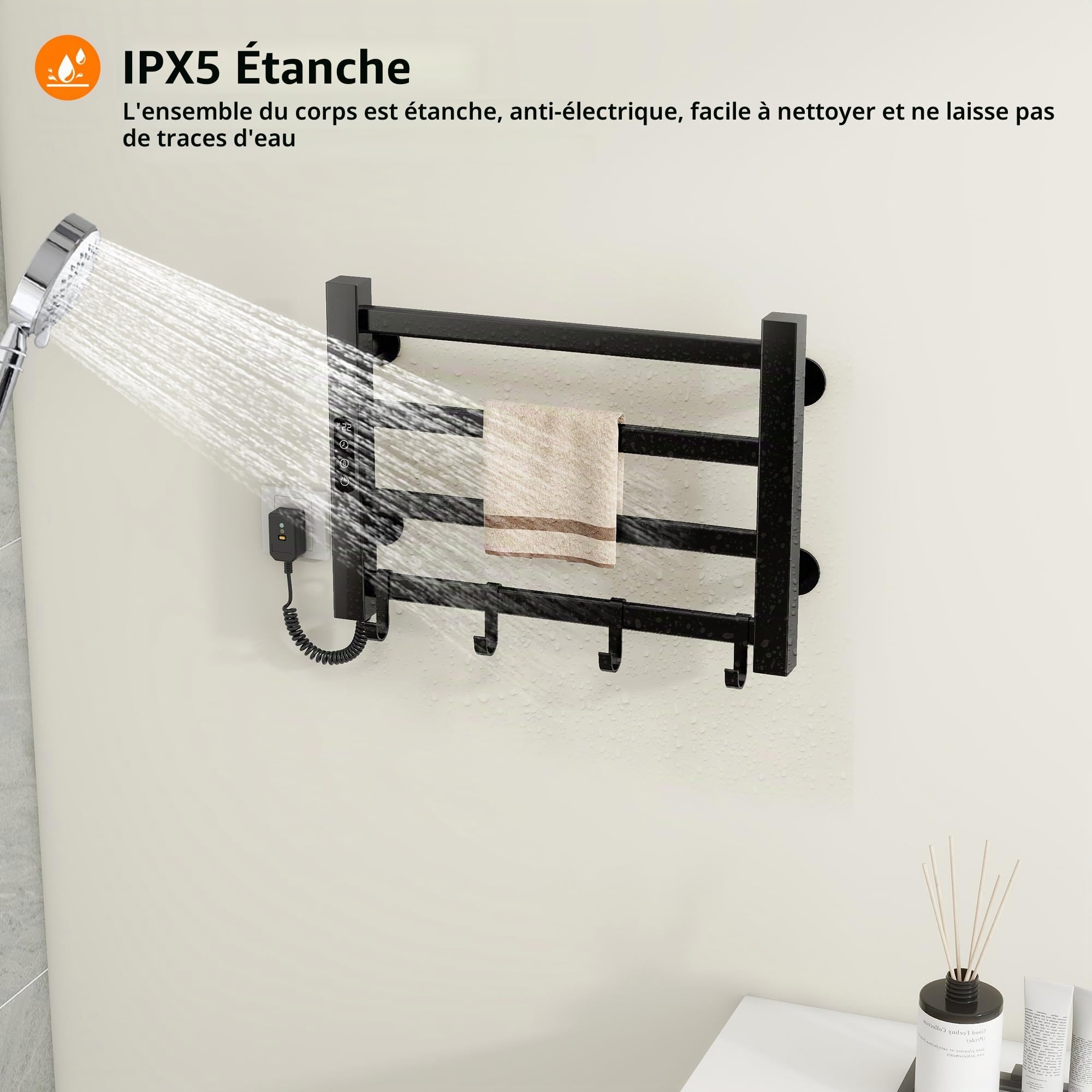 Seche Serviette Electrique 550x350mm Porte Serviettes Chauffant Porte-serviettes électrique intelligent, Étanche IP24, Réglage de la température 30℃-70℃, 1-9 heures de chronométrage-Black Left