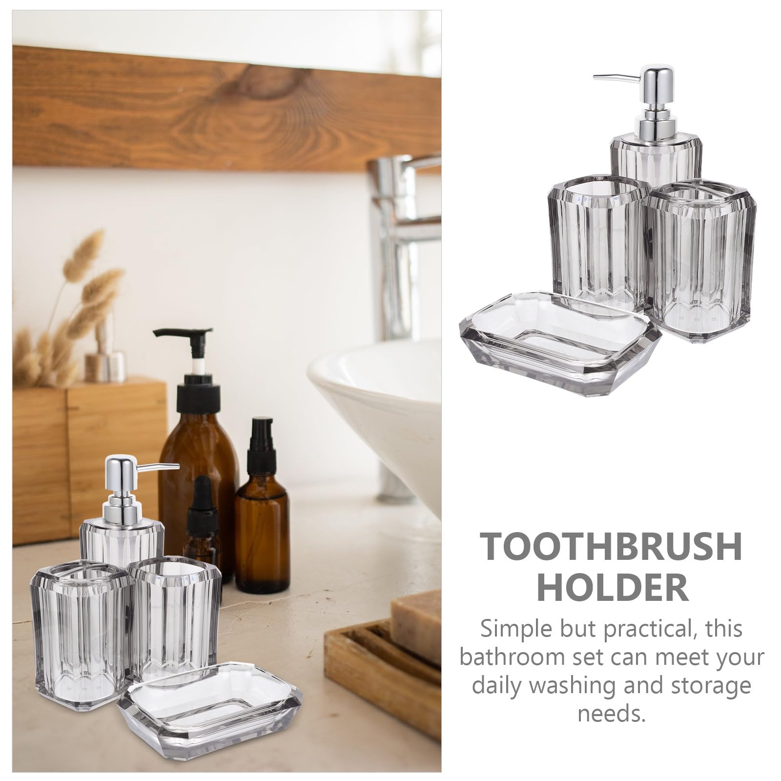 PRETYZOOM Juego de Accesorios para Baño de Acrílico y Acero Inoxidable Dispensador de Jabón y Soporte para Cepillos, Diseño Elegante para Mantener el Baño Ordenado