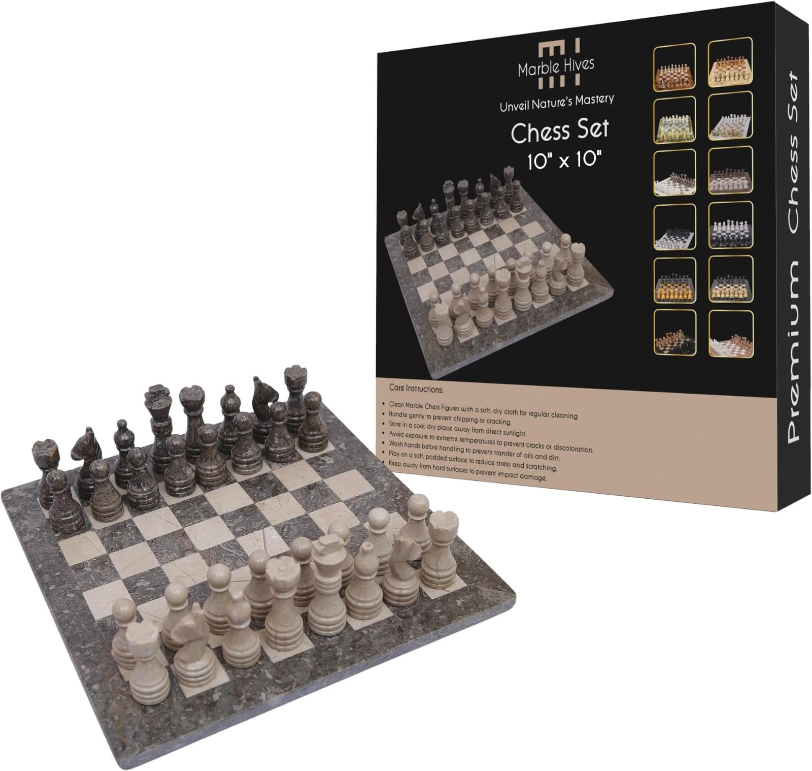 Handmade Marble Chess Set - Luxury Handmade Marble Chess Set – Elegant (10 x 10 Inches) - Chess Sets for Adults - Premium Quality Chess Boards - Fancy Chess Boards (Oceanic Grey and Verona) — image 1