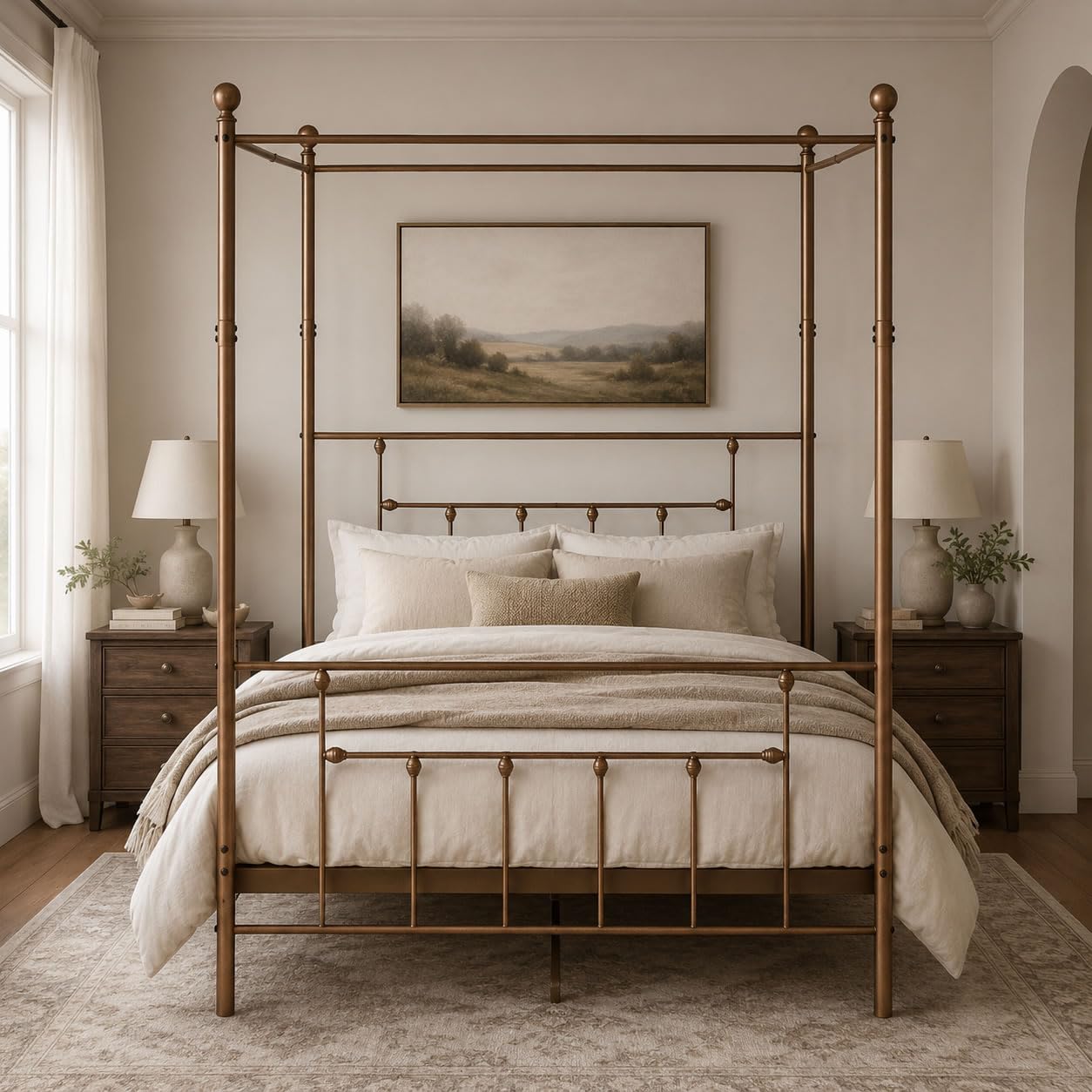 Eco Living FWC | Charlotte Double (4 FT 6), Metal Four Poster Canopy Bed Frame with Steel Slatted Base - Antique Gold