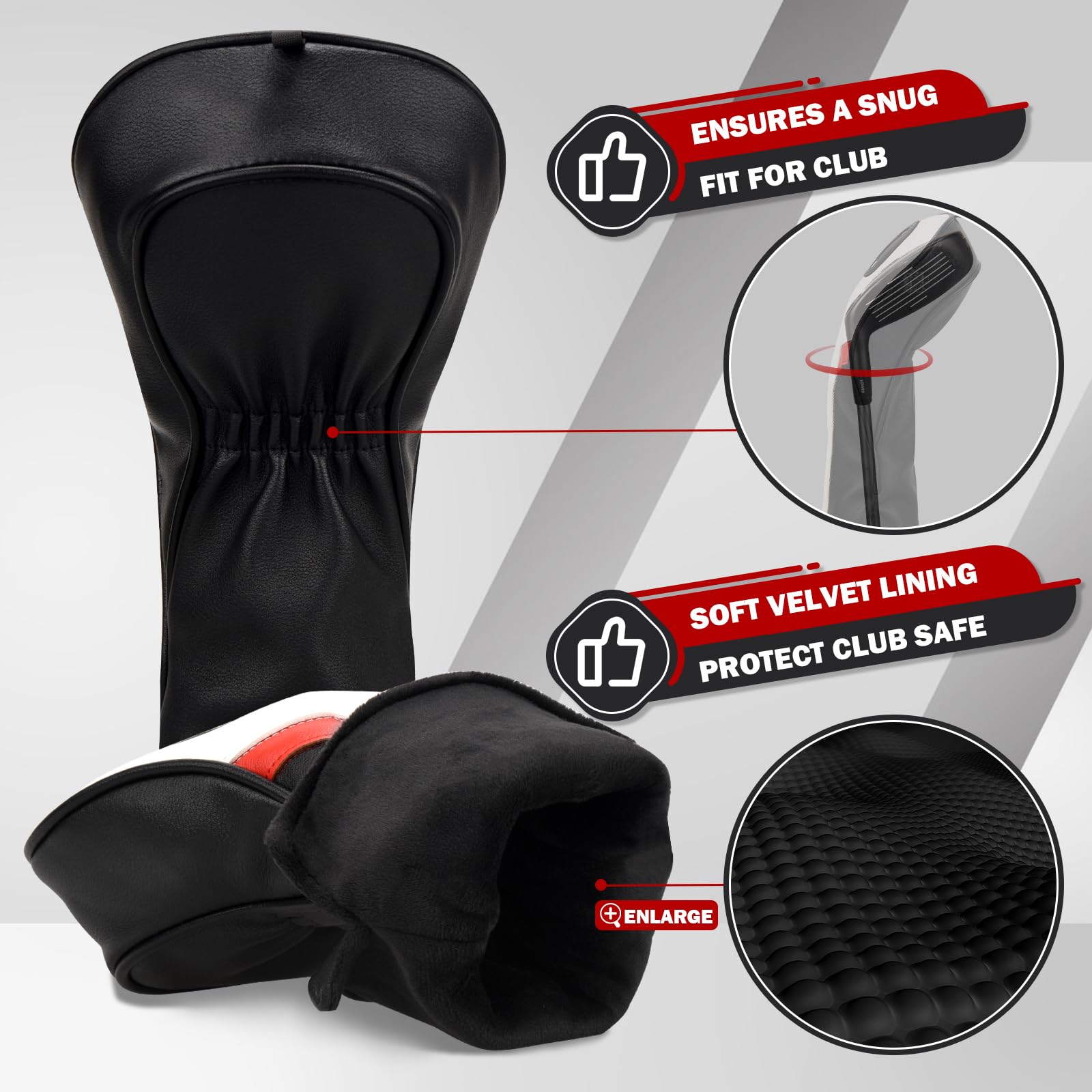 Copritesta in legno per mazze da golf, per driver/fairway/ibrido/1FH/Ferri in pelle PU bianca e nera e rossa