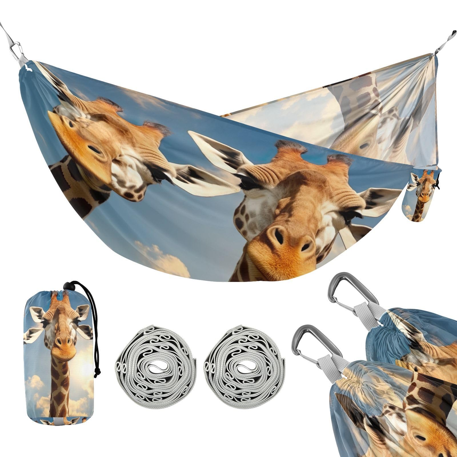 SDMKA Giraffe Heads Camping Hammock, 330 lbs with 2 Tree Straps, Carry Bag, Single Portable Hammock for Outdoor/Indoor, Hiking, Beach, Backpacking, Travel