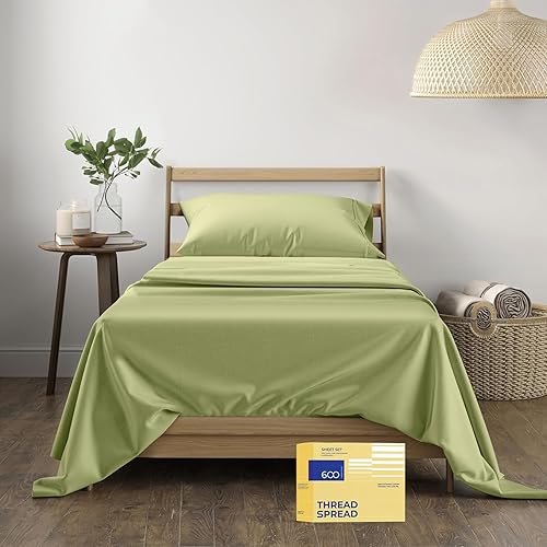 THREAD SPREAD Hotel Collection - Juego de sábanas de 600 hilos de algodón egipcio, satinado, 4 piezas, Verde salvia, gemelo