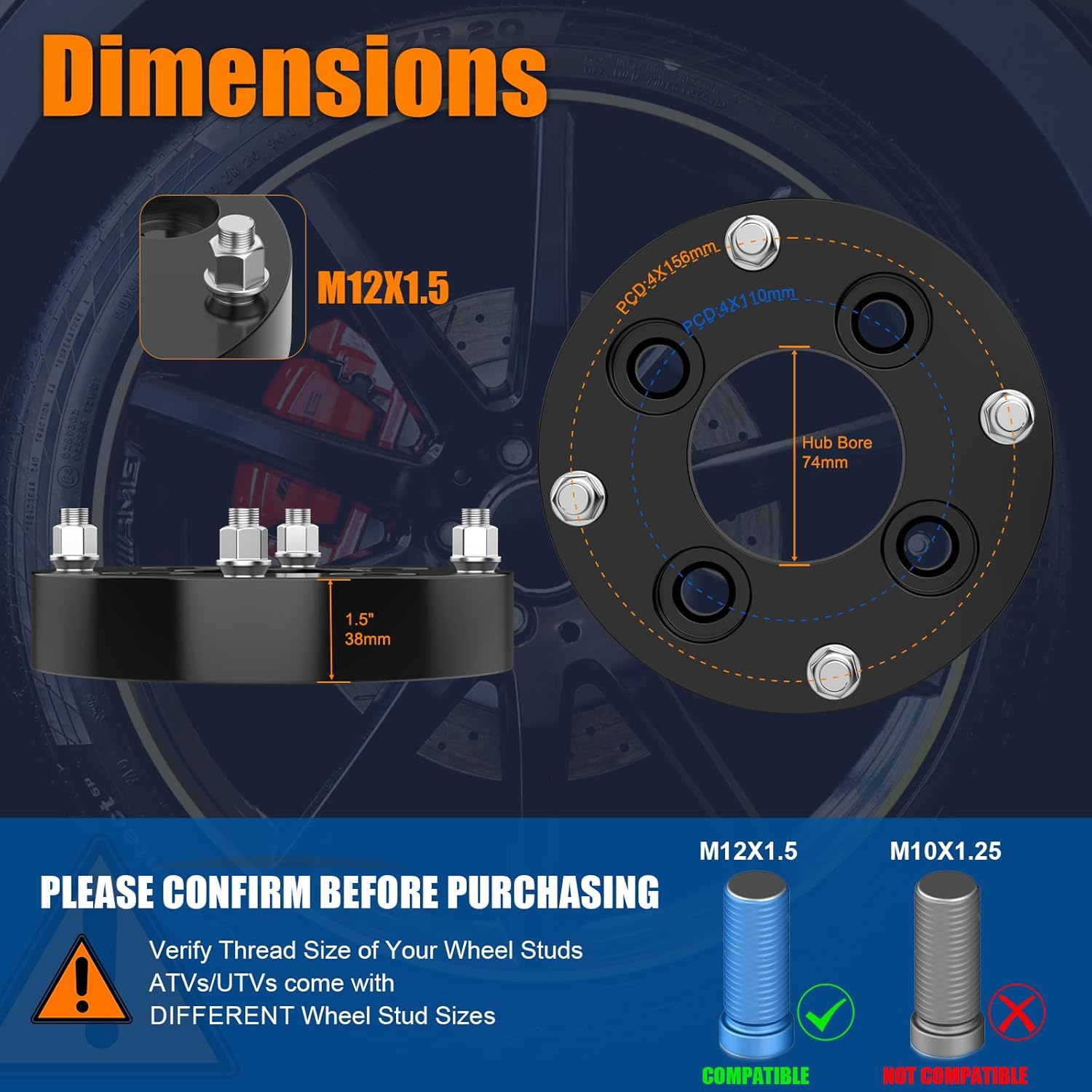 GAsupply 4x110 to 4x156 Wheel Adapters Fit for Pioneer 500 700-2 700-4 Big Red, 1 inch 25mm 4x110mm to 4x156mm ATV Wheel Spacer Adapter Black with 12x1.5 Studs 74.1mm Hub Bore, 4pcs