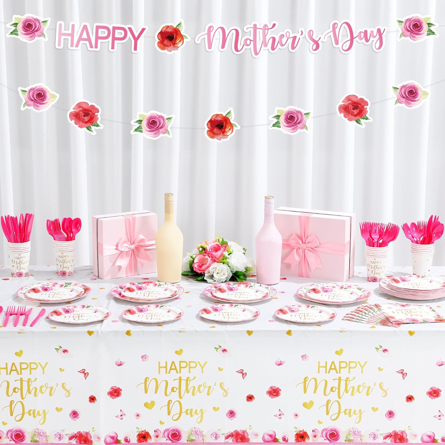 Zhehao 171 Pcs Happy Mother's Day Party Decorations Disposable Mothers Day Plates Napkins Cups Knives Spoons Forks Banner and Tablecloth for Mom Mother's Birthday Party Supplies, Dinner,serve 24