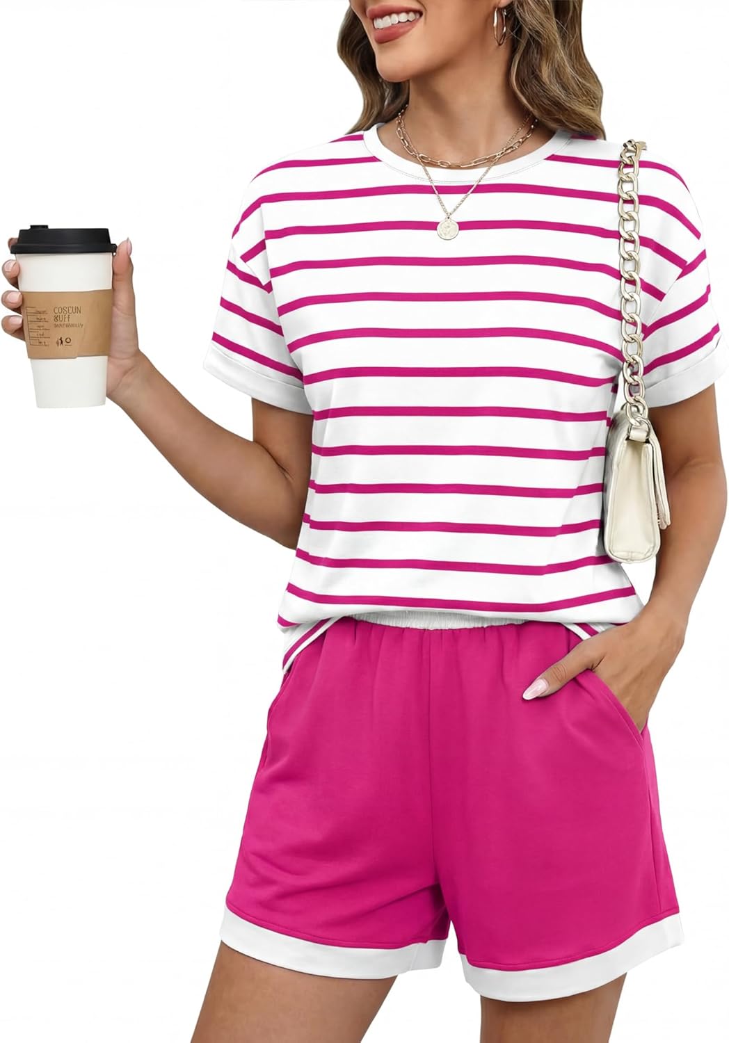 Blingfit Womens 2 Piece Lounge Set Short Sleeve Summer Vacation Outfits Casual Matching Sets Soft Shorts with Pockets