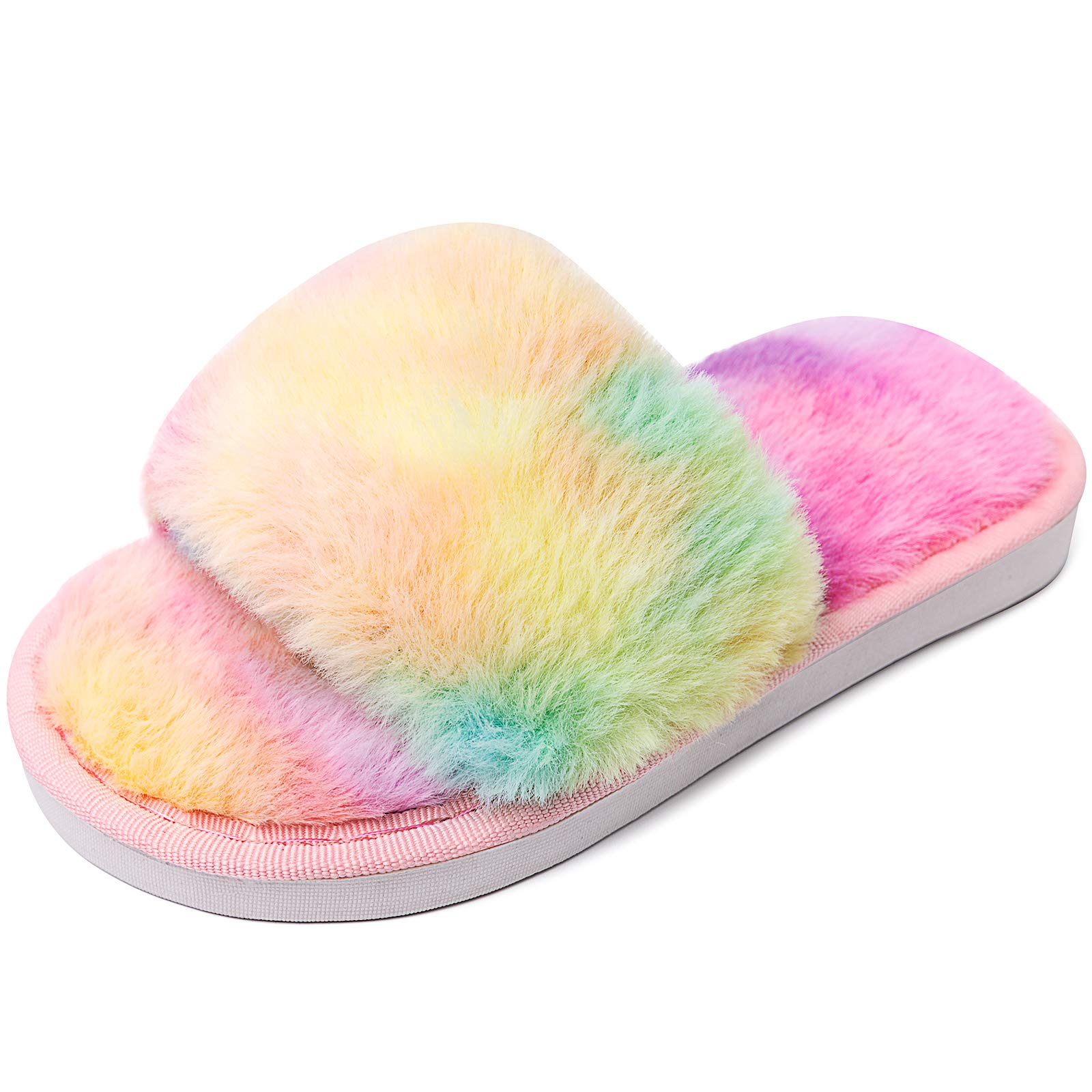 Boys Girls Open Toe Fuzzy Slippers Soft Plush Fluffy Fur Slide Sandals Leopard Rainbow House Home Slip On Indoor Outdoor