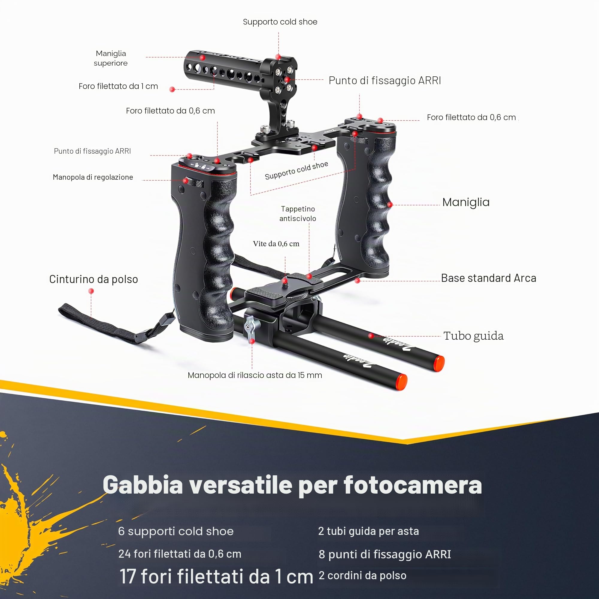 Zeadio Gabbia universale per fotocamera, rig stabilizzatore video a doppia impugnatura con maniglia superiore e sistema a barre da 15 mm, 6 attacchi cold shoe, per filmmaking e vlogging YouTube ecc