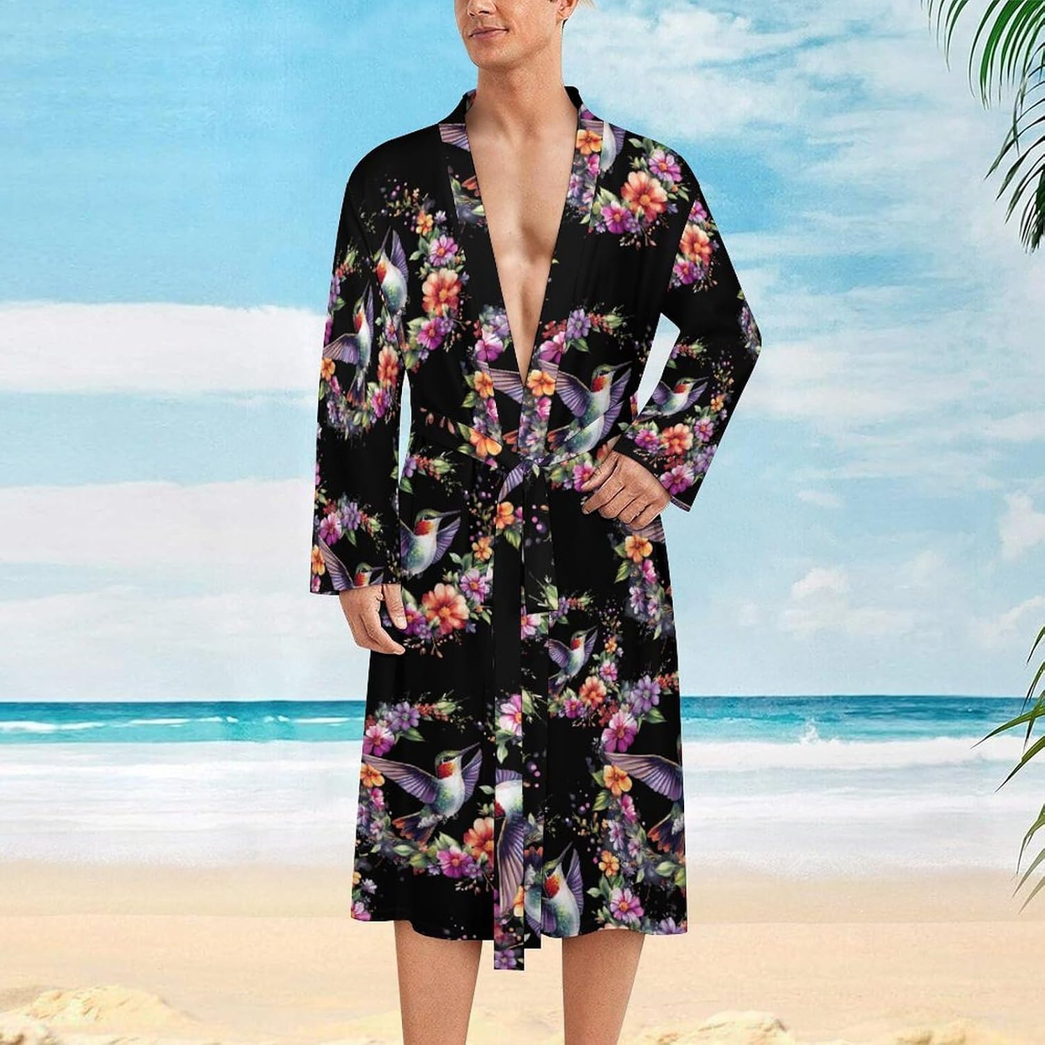 Hummingbird Bird Wreath Mens Robe Nightgown Lightweight Knee Long Bath Robe Spa Bathrobe Loungewear