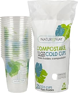 NatureZway (20 PACK Premium Quality Compostable Disposable Cold Cups 12 oz, Renewable Resource, Ideal for Chilled Beverage...