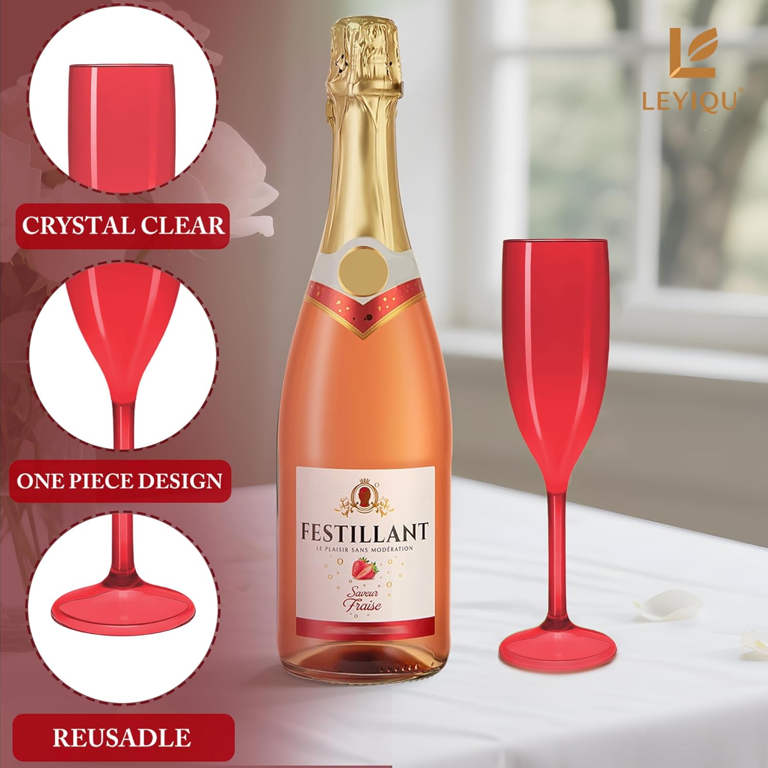Champagne Flutes, Plastic Champagne Glasses for Wedding, Disposable Wine Glasses for Valentine’s Day Party Mimosa Bar Anniversary Event Drinks (24, Red) - Image 3