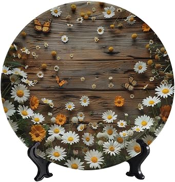Decorative Plate Stand, 10 Inch, Daisies and Butterflies Wooden White Flower Round Display Plate, Decorative Plates with Stand, for Kitchen Party Coffee Table Decor Art