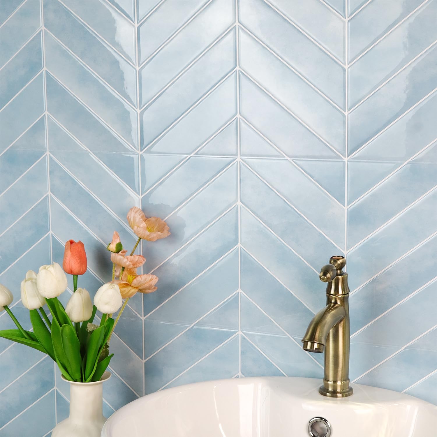 Alwayspon 10 Sheet 11.43x9inch Light Blue Herringbone 3D Vinyl Wall Tile Sticker Transfers, Peel and Stick Self-Adhesive Waterproof Splashback Stick on Tile Decals for Kitchen Bathroom Wall