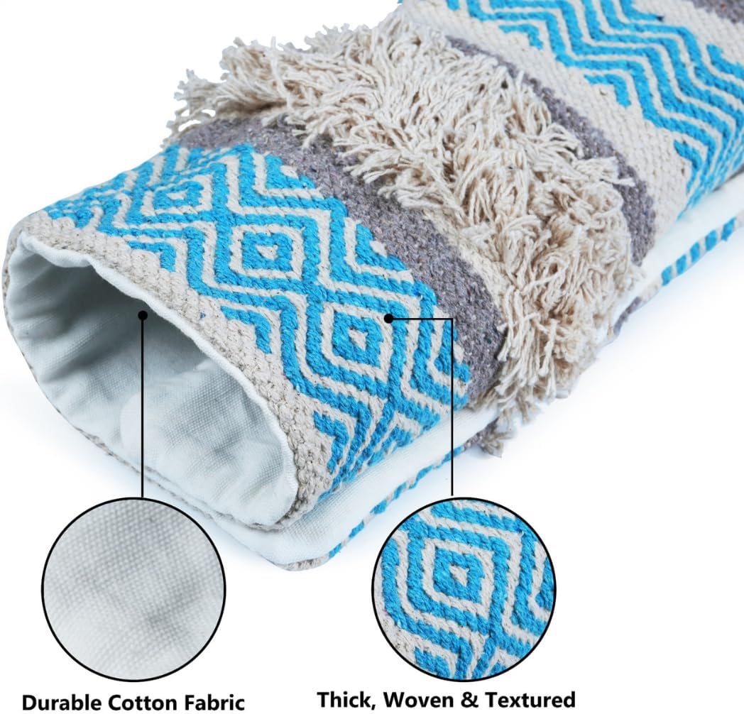 Farmhouse 100% Cotton Throw Pillow Cover 18" X 18" Tufted Sandy Beige and Aqua Turquoise Blue Rug Boho Country Woven Design Decorative Pillowcase Cushion Cover Living room, Sofa Couch Bedroom Set of 2