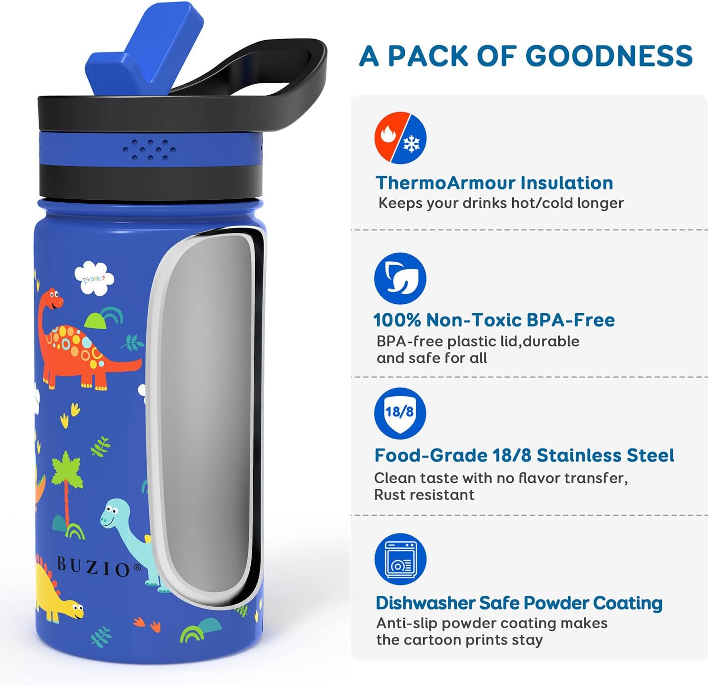 14oz Kids Insulated Water Bottle with 2 Tritan Straw Lids, BUZIO Toddlers Stainless Steel Bottle, Double Walled Wide Mouth Sports Drink Flask Simple Thermo Canteen Cup, with Blue Dinosaur Park - Image 2