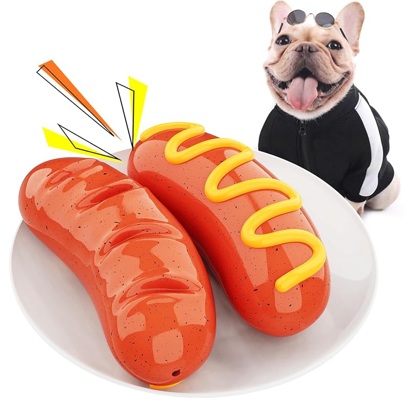 Brinquedo para Mastigar para Cães Médios e Grandes TLKNG Hot Dog com Apito e Borracha TPR, Tamanho Grande
