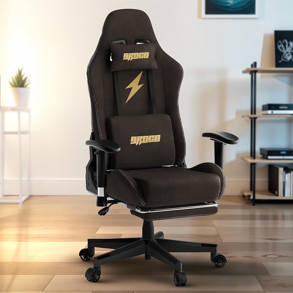 DROGO Raptor Ergonomic Gaming Chair, Computer Chair with Luxurious Suede Fabric, Adjustable Seat, Armrest, Head & Massager Lumbar Pillow | Home & Office Chair with Footrest &…