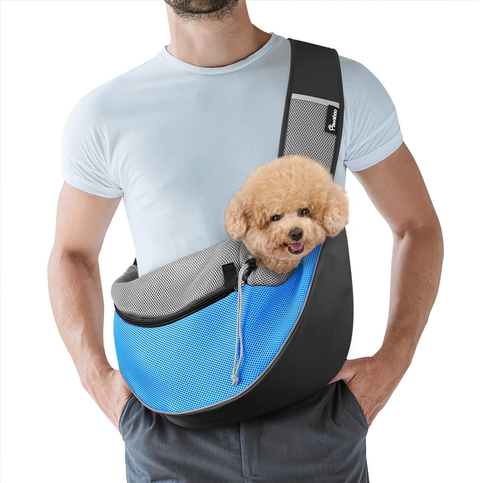 Pawaboo Marsupio Zaino per Cani Senza Mani, Borsa in Rete Traspirante per Cuccioli e Gatti, Amaca con Cordino, Cinghia Regolabile e Tasca, Borsa a Tracolla per Viaggi e Attività all‘Aperto, M, Azzurro