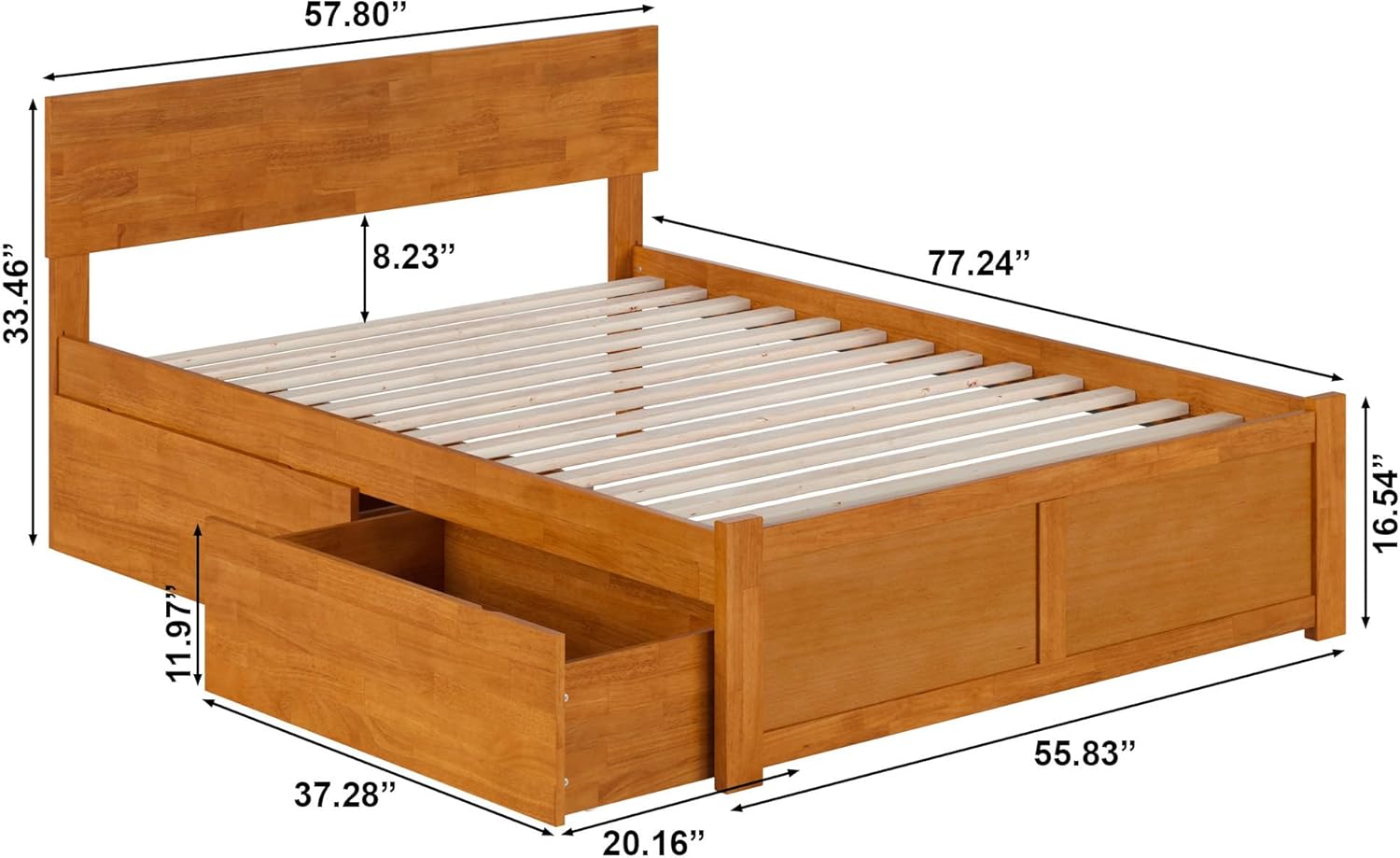 AFI Orlando Full Solid Wood Platform Bed with Footboard & Storage Drawers in Light Toffee