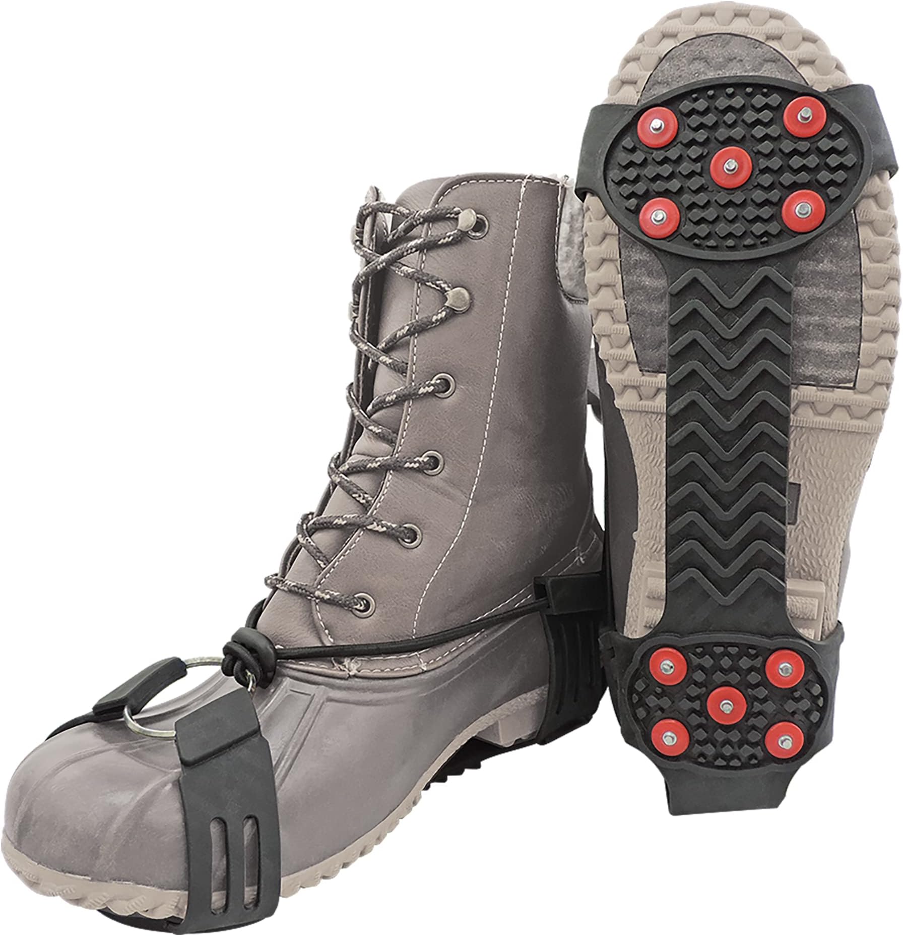 Global GloveIce Gripster Treads Nonslip Traction Cleats for Snow and Ice, Anti-Slip Overshoe Crampons with Adjustable Cinch Cord, 10 Carbon Steel Studs for Secure Grip, Extra Large, Black and Red