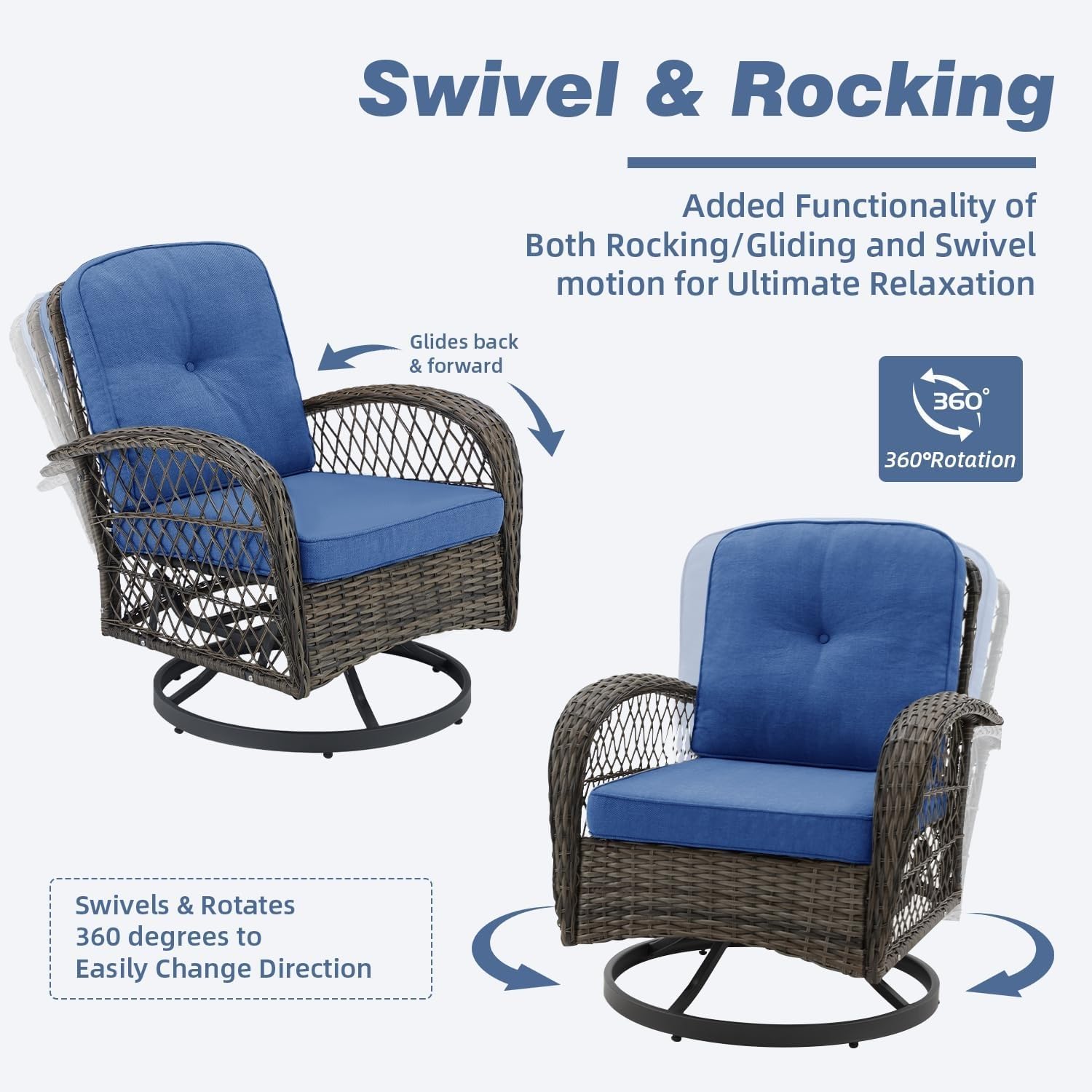 5 Pieces Patio Furniture Set Outdoor Swivel Rocker Patio Chairs with Ottomans Wicker Conversation Sets with Rocking Chair Thickened Cushions for Backyard Porch Balcony(Blue)