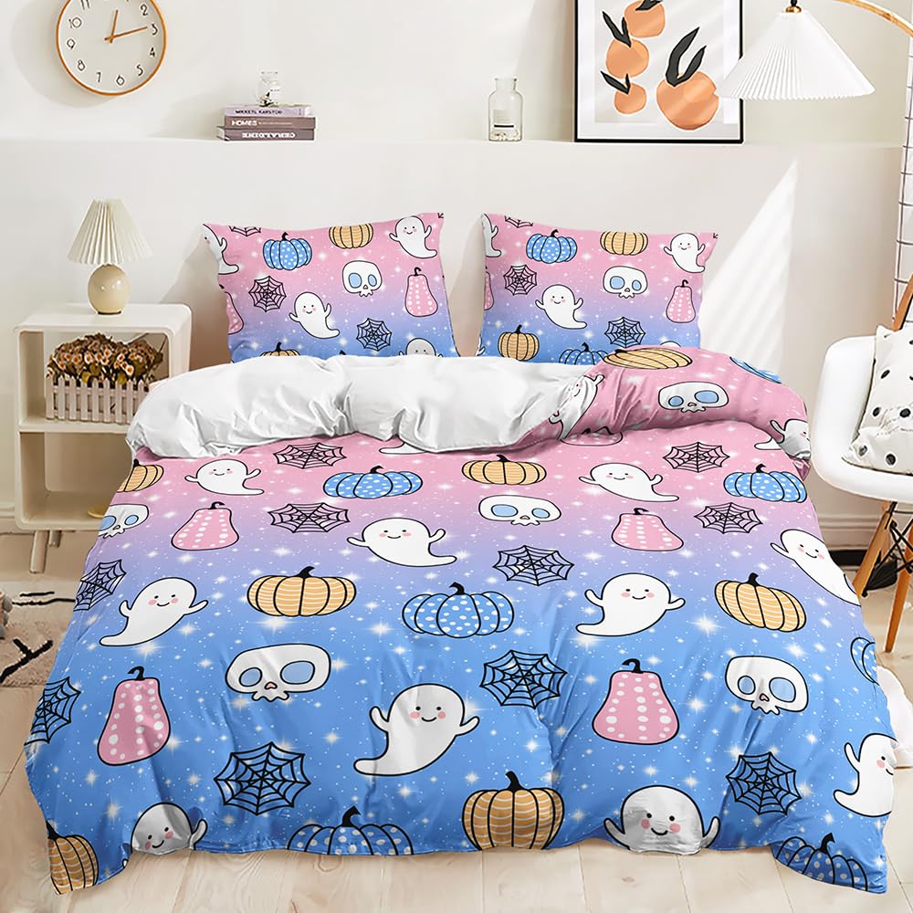 Halloween Bedding Set Single Size Girls Galaxy Pink Blue Duvet Cover Set White Ghost Cute Pumpkin Pattern Cartoon Girls Bedding Sets