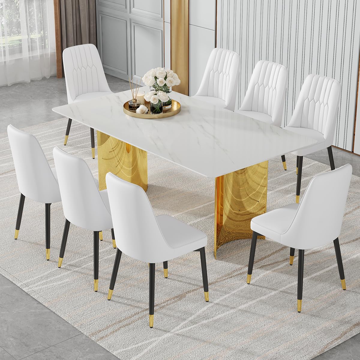 ((BOX3/3))71” Dining Table Set for 8, 9 Piece Modern Kitchen Table Set, Faux Marble Dining Table of Rectangular and PU Leather Chairs with 8, Suitable for Kitchen?Dining?Living Room