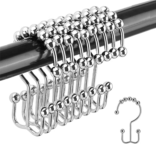 Shower Curtain Hooks Rings Titanker, Stainless Stee Double Glide Rollers Extra Wide Shower Curtain Rods Hooks for Bathroom, Set of 18 Hooks - Chrome