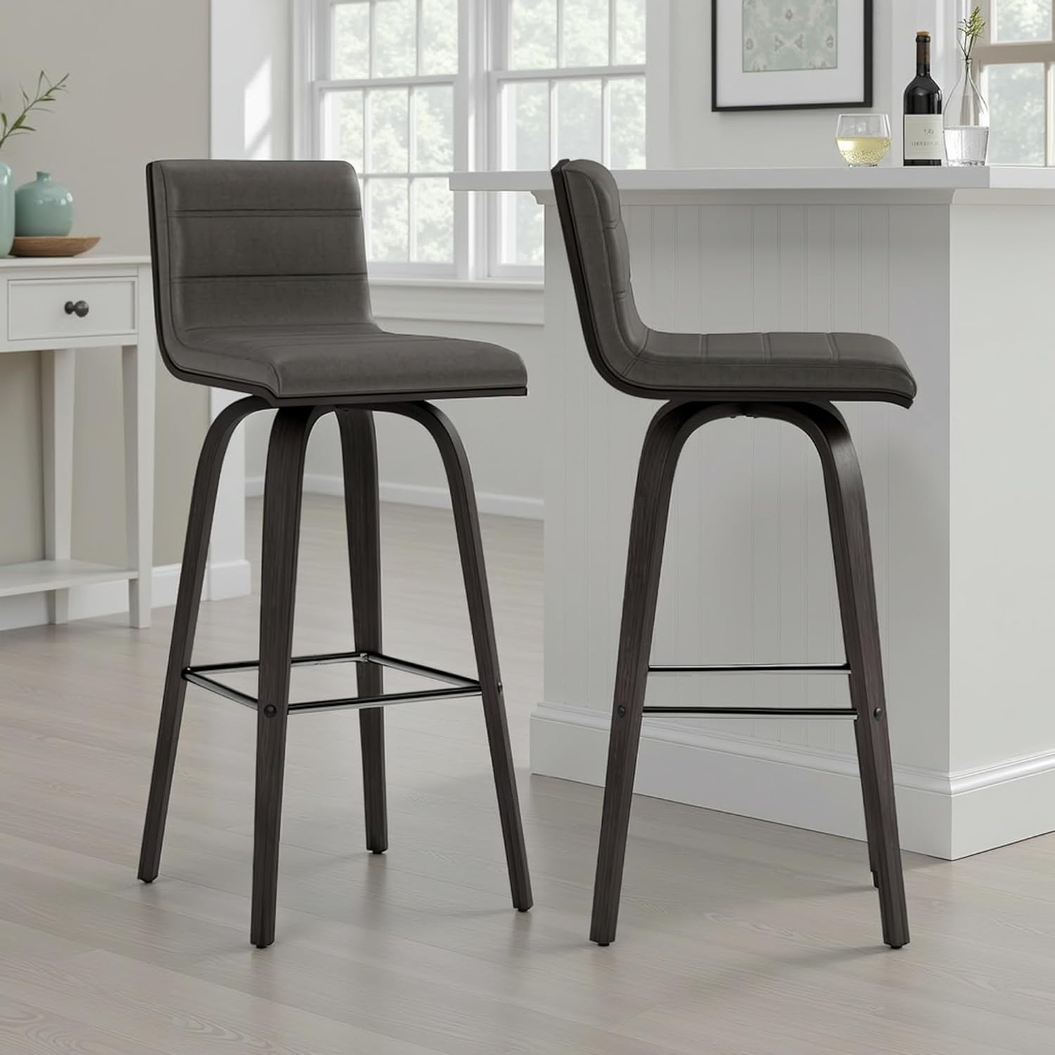 Vienna 30" Swivel Bar Stool in Black Wood Finish with Gray Faux Leather - Set of 2